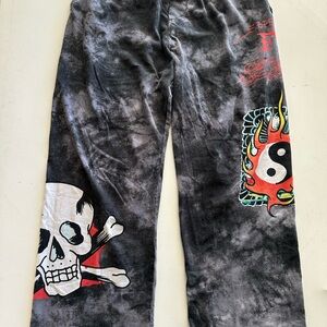 Ed Hardy Gray and Red Graphic Joggers XL Tie Dye Pjs Skull Ying/Yang pants